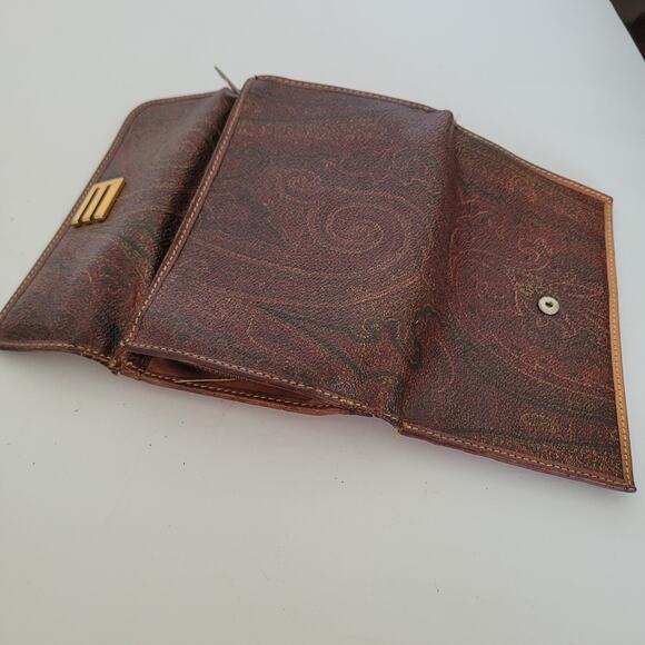 Etro Vintage Brown Paisley Medium Leather Wallet Logo Italian Trifold Zip Fair - Picture 7 of 15